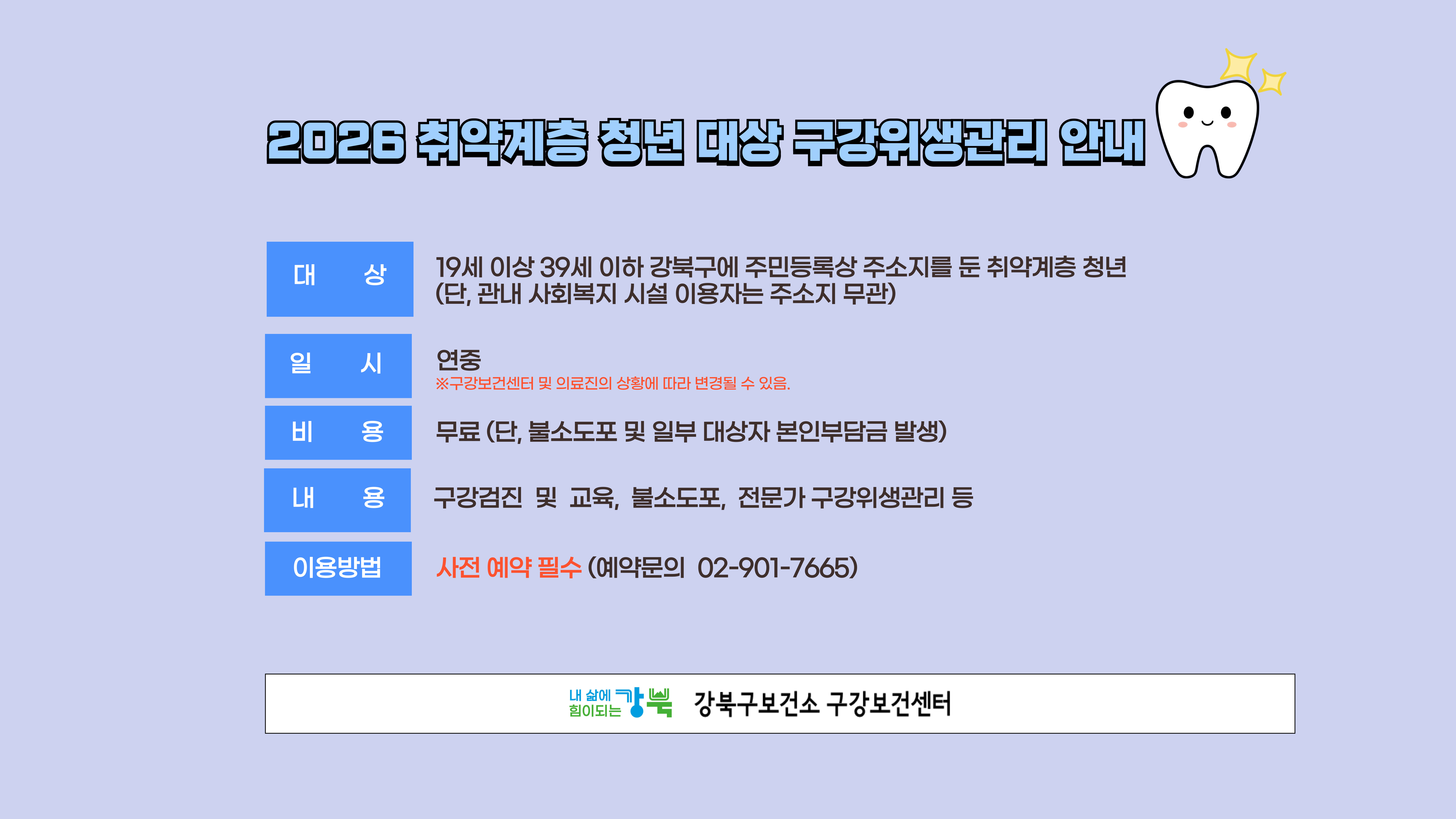 2026 취약계층 청년 대상 구강위생관리 안내
대상: 19세 이상 39세 이하 강북구에 주민등록상 주소지를 둔 취약계층 청년 (단, 관내 사회복지 시설 이용자는 주소지 무관)
비용: 무료(단, 불소도포 및 일부 대상자 본인부담금 발생)
진료범위: 구강검진 및 교육, 불소도포, 전문가 구강 위생관리 등
문의: 강북구보건소 구강보건센터(☎02-901-7665)