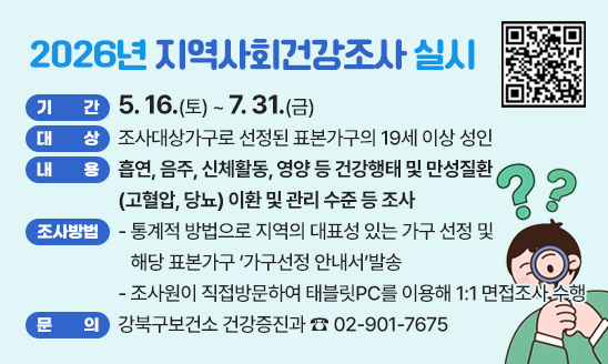 ○ 기 간: 5. 16.(토) ~ 7. 31.(금)                       
○ 대 상: 조사대상가구로 선정된 표본가구의 19세 이상 성인      
○ 내 용: 흡연, 음주, 신체활동, 영양 등 건강행태 및 만성질환(고혈압, 
          당뇨) 이환 및 관리 수준 등 조사
○ 조사방법
 - 통계적 방법으로 지역의 대표성 있는 가구 선정 및 해당 표본가구 
  &lsquo;가구선정 안내서&rsquo;발송
 - 조사원이 직접방문하여 태블릿PC를 이용해 1:1 면접조사 수행 
○ 문 의: 강북구보건소 건강증진과 ☎ 02-901-7675