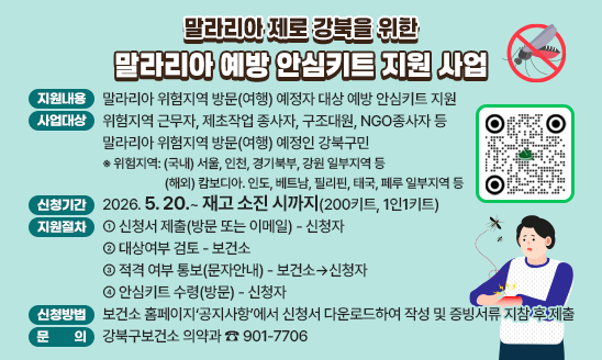 ○ 지원내용: 말라리아 위험지역 방문(여행) 예정자 대상 예방 안심키트 지원
○ 사업대상:  위험지역 근무자, 제초작업 종사자, 구조대원, NGO종사자 등
               말라리아 위험지역 방문(여행) 예정인 강북구민
 
 ※ 위험지역; (국내) 서울, 인천, 경기북부, 강원 일부지역 등 
             (해외) 캄보디아. 인도, 베트남, 필리핀, 태국, 페루 일부지역 등

○ 지원 신청 기간: 2026. 5. 20.~ 재고 소진 시까지(200키트, 1인1키트)
○ 지원절차
 
신청서 제출
(방문 또는 이메일)
➜
대상 여부 검토
➜
적격 여부 통보
(문자 안내)
➜
안심키트 수령
(방문)
<신청자>

<보건소>

<보건소&rarr;신청자>

<신청자>

○ 신청방법: 보건소 홈페이지&lsquo;공지사항&rsquo;에서 신청서 다운로드하여 작성 및 증빙서류 지참 후 제출
※ 증빙서류: 사원증, 항공권 및 숙박시설 예약확인서, 출장증빙 등 확인 가능한 서류 
○ 문    의 : 강북구보건소 의약과 ☎ 901-7706