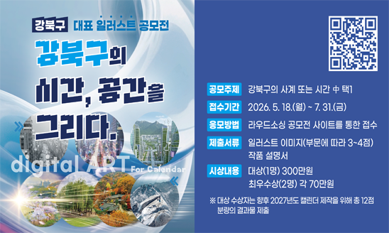 공 모 명 강북구 대표 일러스트 공모전 개최
공모주제 강북구의 사계(총 4점) 또는 시간(총 3점) 中 택1
접수기간 2026. 5. 18.(월) ~ 7. 31.(금)
응모방법 라우드소싱 공모전 사이트를 통한 구글 폼 접수
제출서류 일러스트 이미지(부문에 따라 3~4점), 작품 설명서
시상내용 대상(1명) 300만원, 최우수상(2명) 각 70만원
※ 대상 수상자는 향후 2027년도 캘린더 제작을 위해 총 12점 분량의 결과물 제출