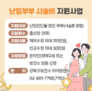 지원대상 난임진단을 받은 부부
지원회수 출산당 25회
지원내용 체외수정 최대 110만원, 인공수정 최대 30만원
지원방법 온라인(정부 24시) 또는 보건소 방문신청
문의 강북구보건소 아이맘센터 02-901-7765,7763
      